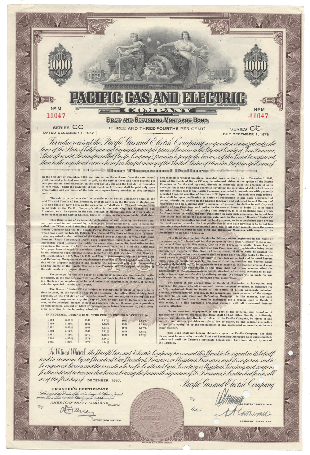 Vintage bond certificate for Pacific Gas and Electric Company with detailed text and graphics.