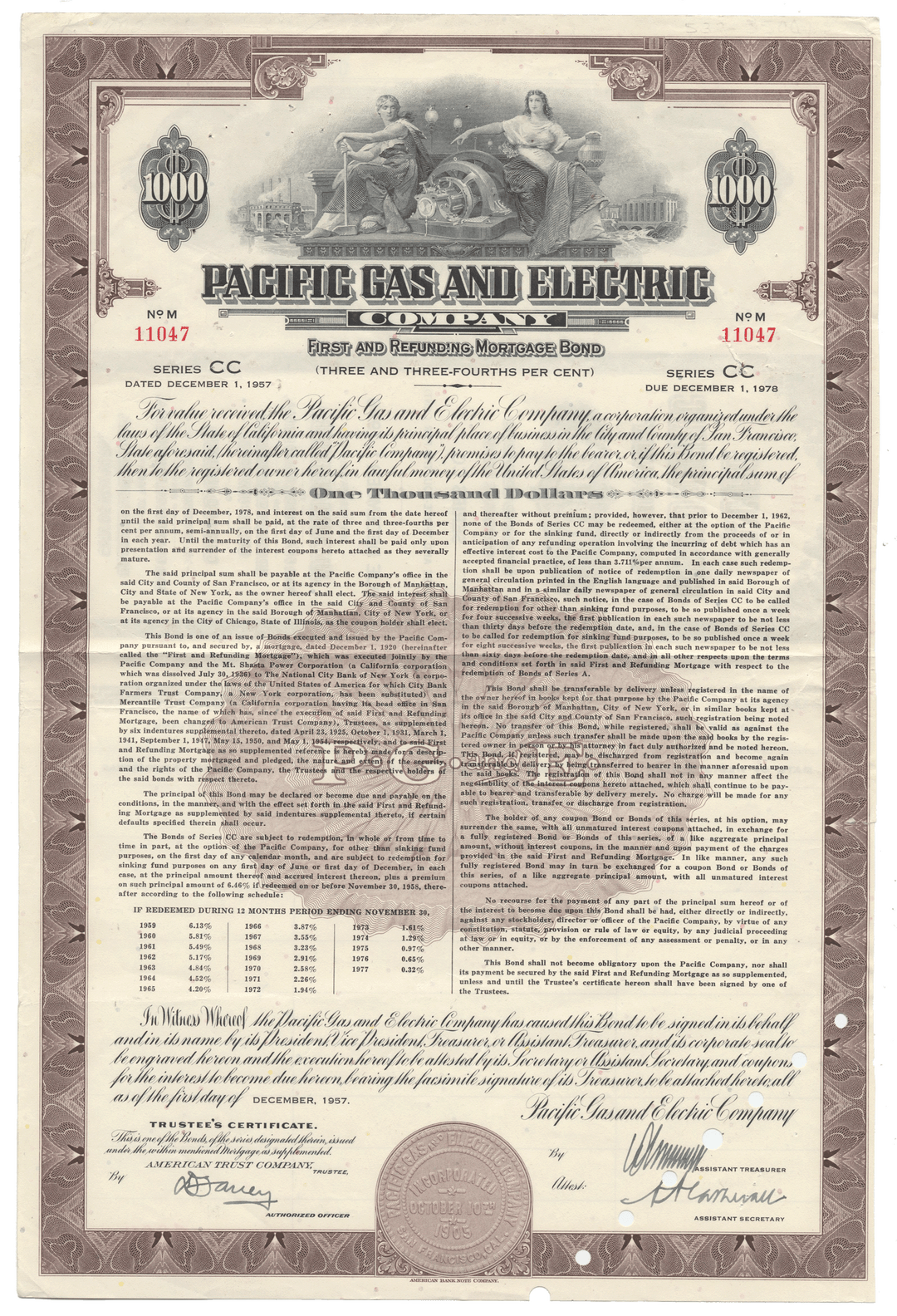 Vintage bond certificate for Pacific Gas and Electric Company with detailed text and graphics.