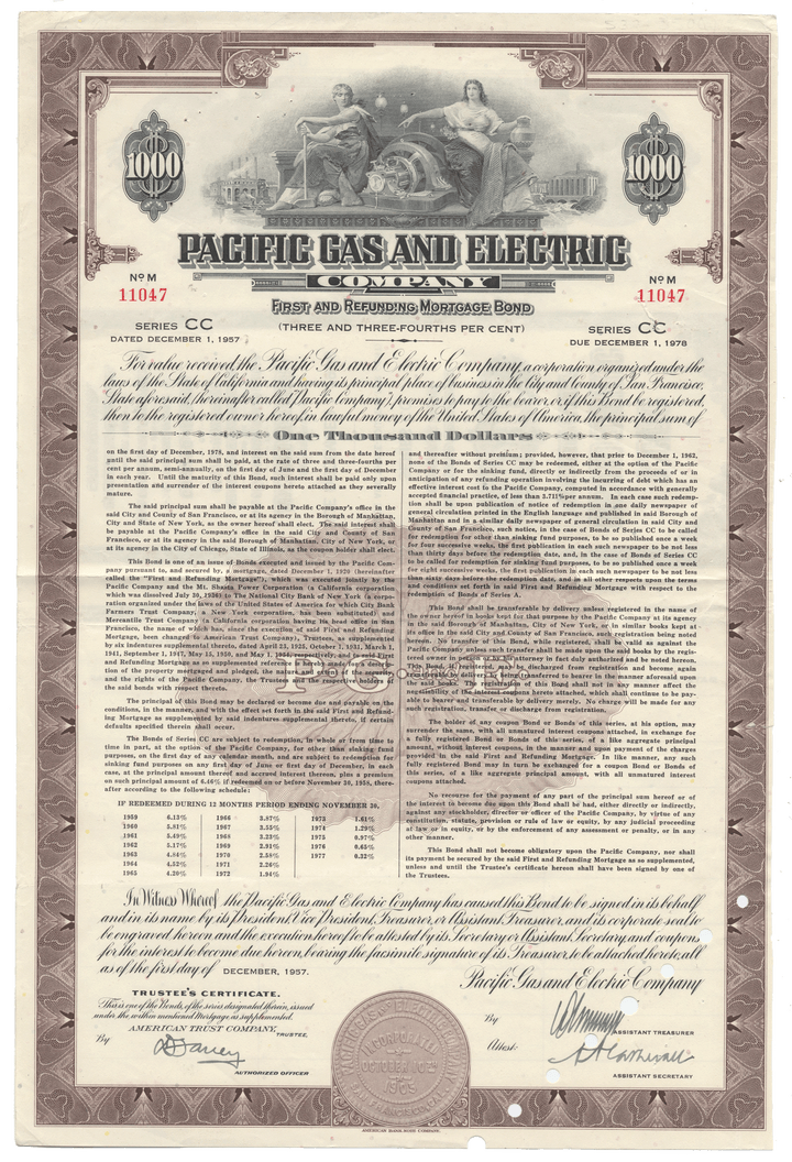 Vintage bond certificate for Pacific Gas and Electric Company with detailed text and graphics.