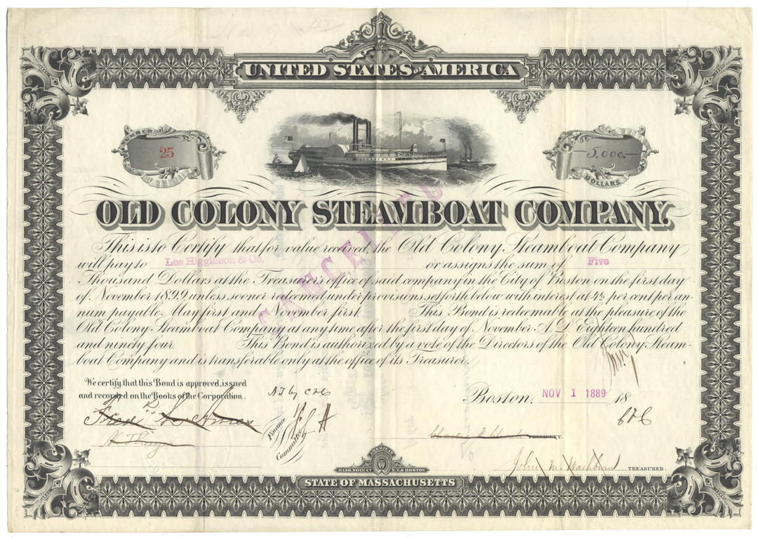 Old Colony Steamboat Company Bond Certificate Signed by Frederick L. Ames