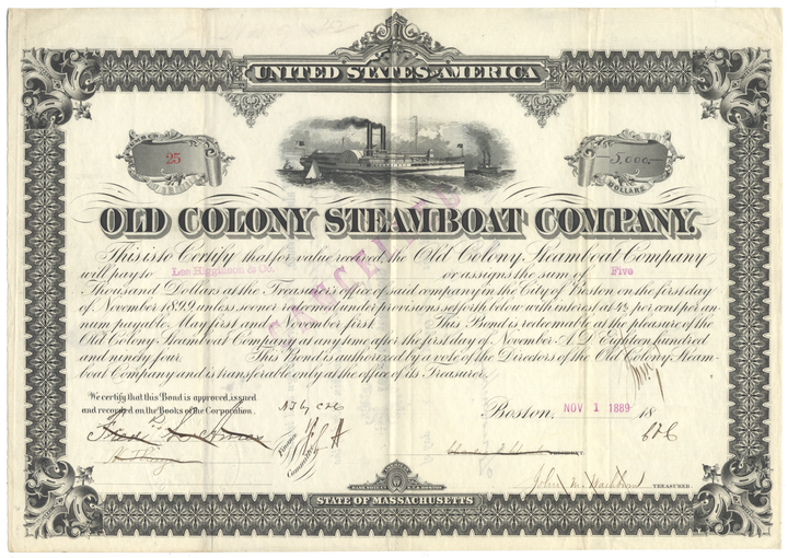 Old Colony Steamboat Company Bond Certificate Signed by Frederick L. Ames