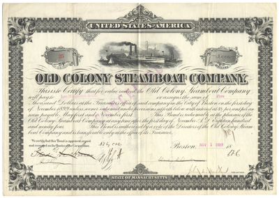 Old Colony Steamboat Company Bond Certificate Signed by Frederick L. Ames