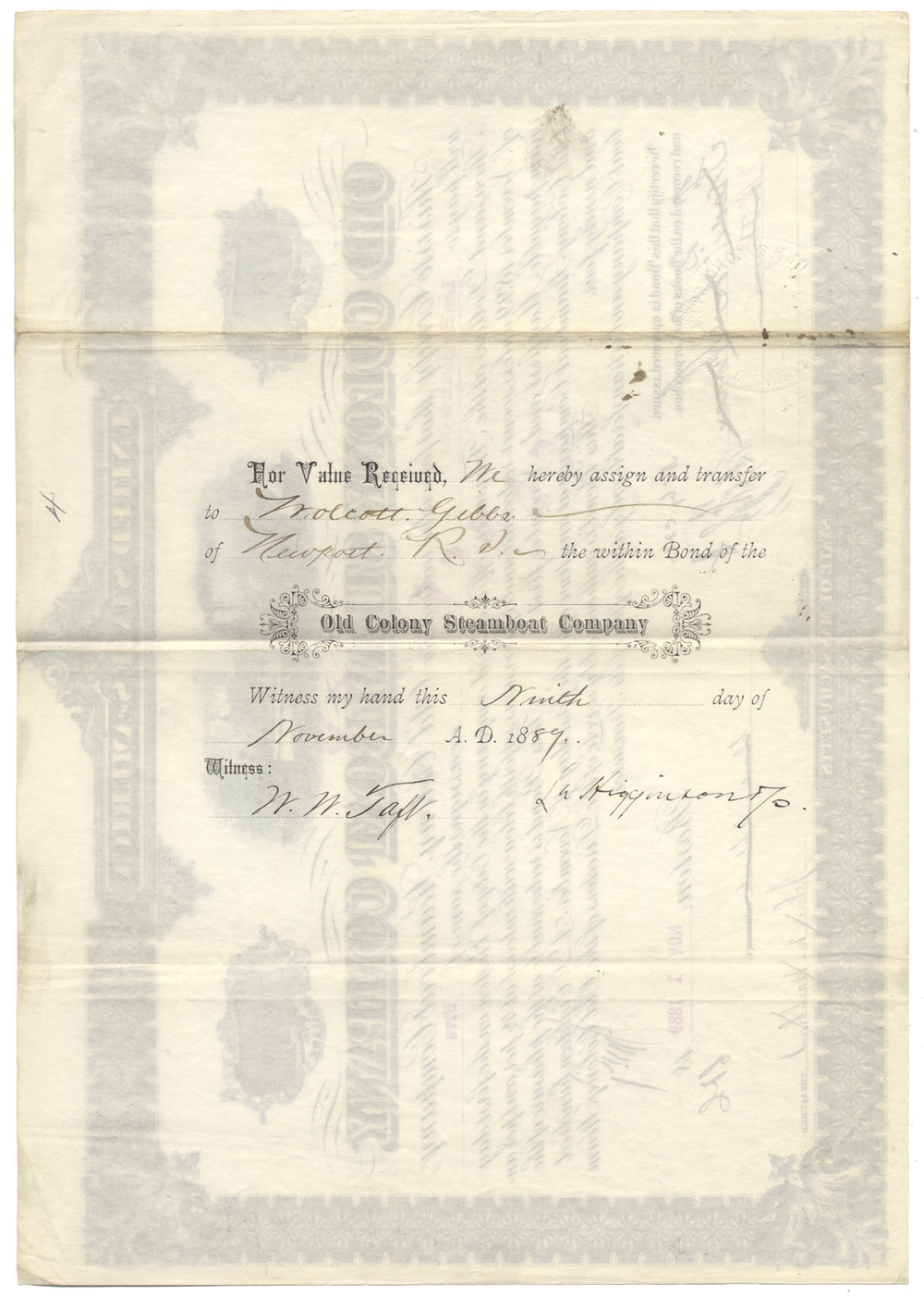 Old Colony Steamboat Company Bond Certificate Signed by Frederick L. Ames