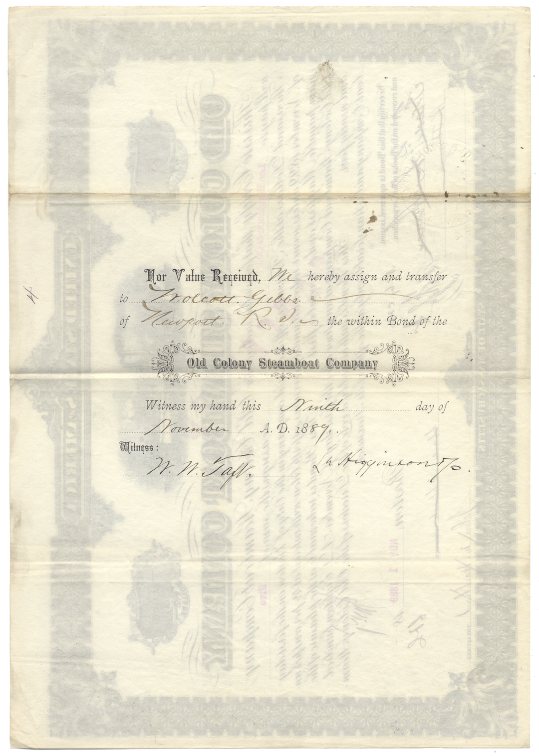 Old Colony Steamboat Company Bond Certificate Signed by Frederick L. Ames