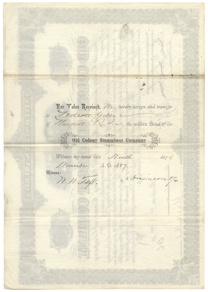 Old Colony Steamboat Company Bond Certificate Signed by Frederick L. Ames