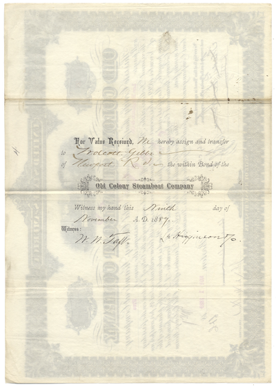 Old Colony Steamboat Company Bond Certificate Signed by Frederick L. Ames