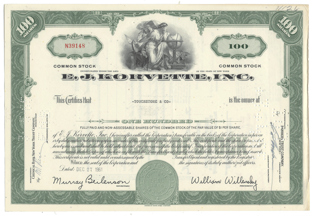 Vintage stock certificate for E.J. Korvette, Inc. with a green border and detailed text.