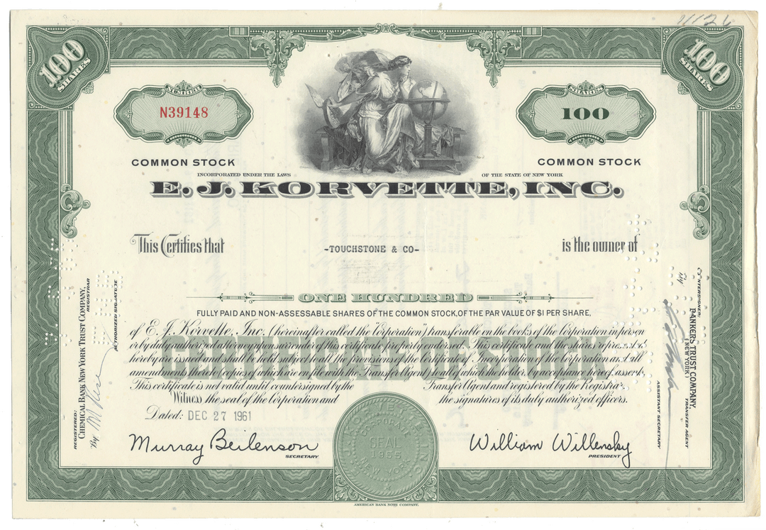 Vintage stock certificate for E.J. Korvette, Inc. with a green border and detailed text.