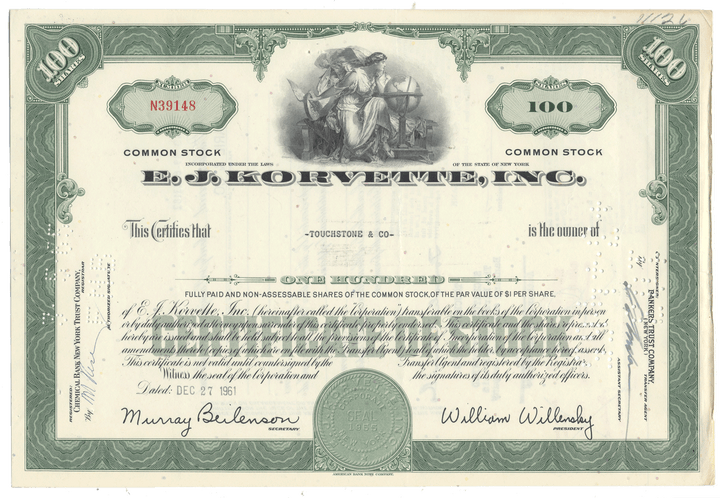 Vintage stock certificate for E.J. Korvette, Inc. with a green border and detailed text.