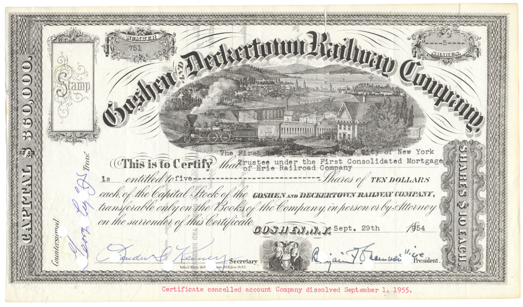 Goshen and Deckertown Railway Company Stock Certificate