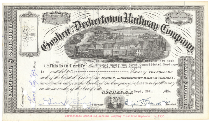 Goshen and Deckertown Railway Company Stock Certificate