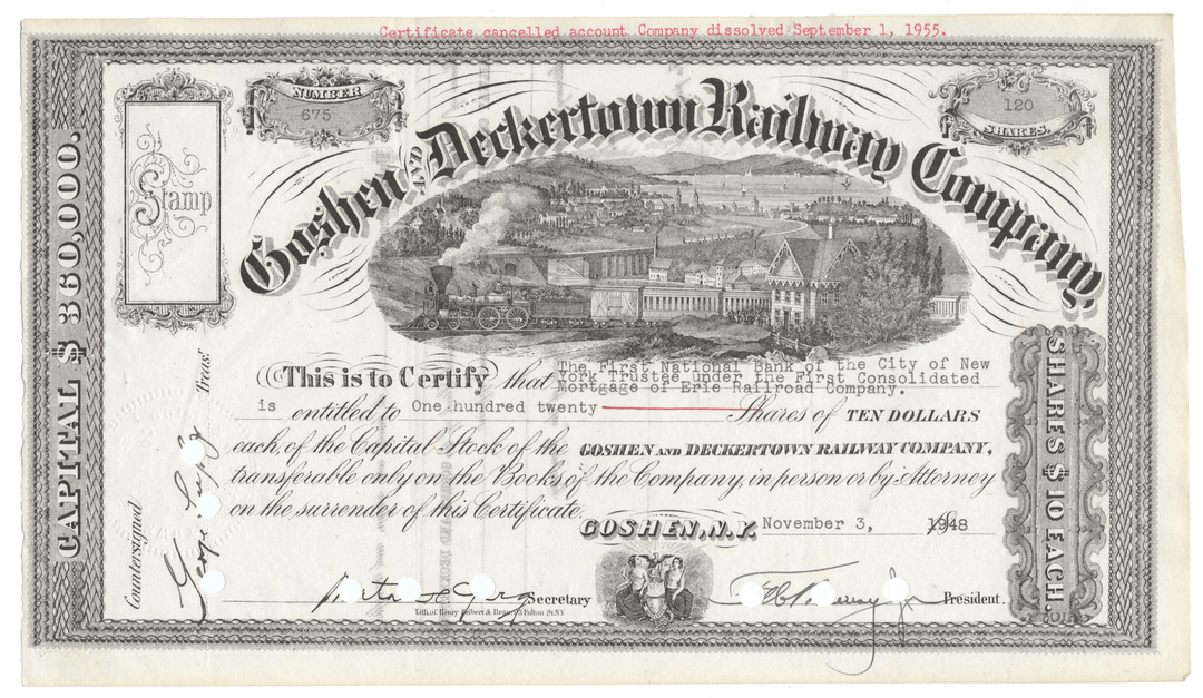 Historical stock certificate of the Goshen & Deckertown Railway Company with decorative elements  from 1948