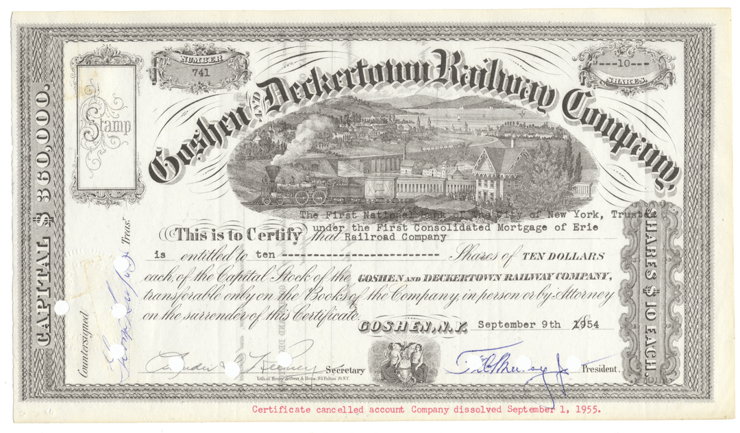 Historical stock certificate for the Canaan & Deckerville Railway Company with decorative elements and text.