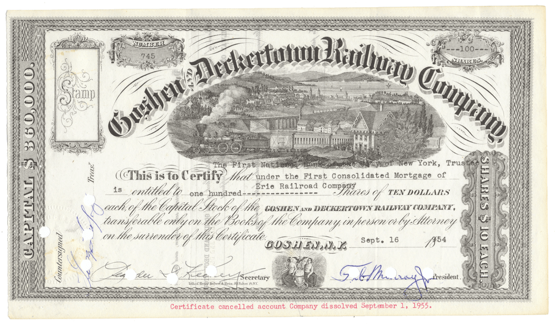 Goshen and Deckertown Railway Company Stock Certificate