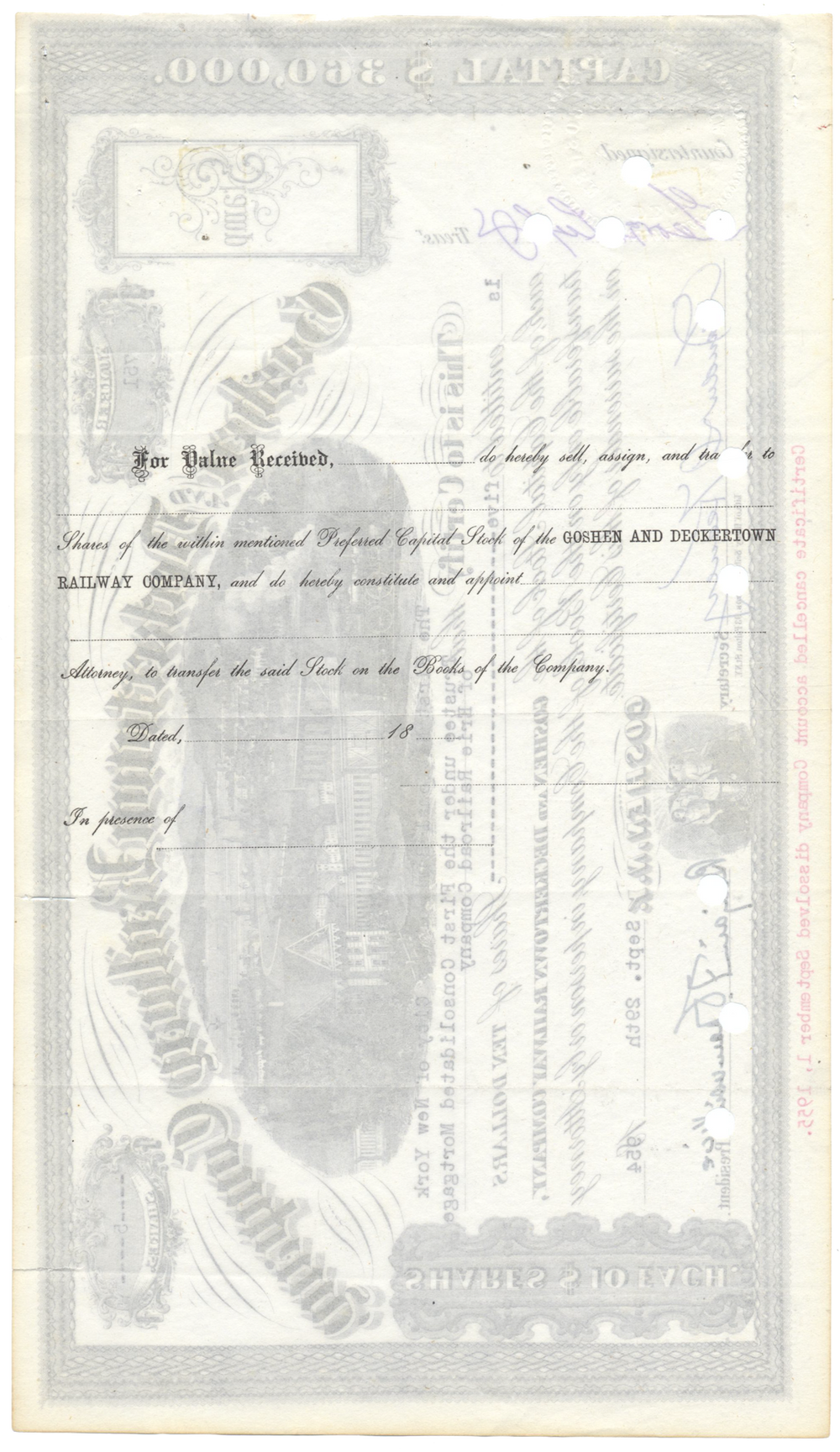 Goshen and Deckertown Railway Company Stock Certificate