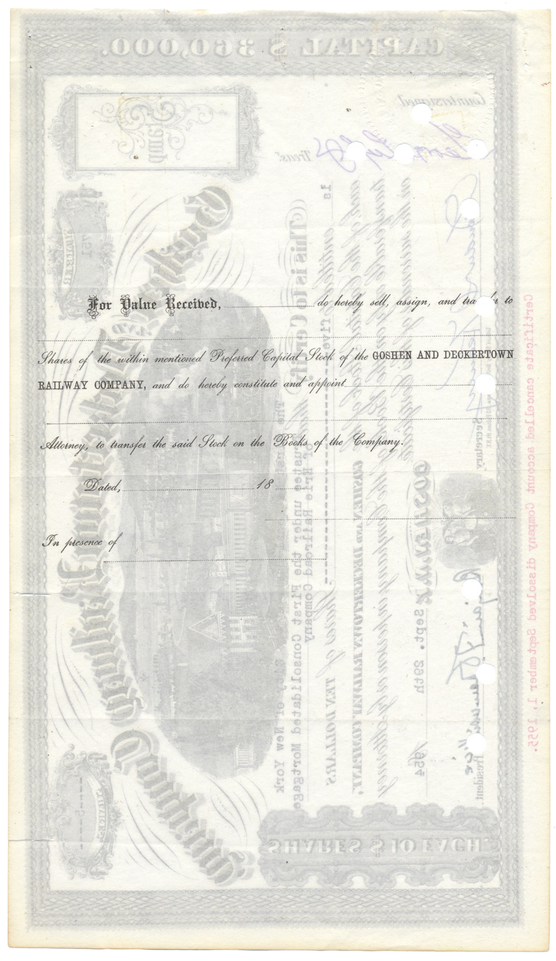 Goshen and Deckertown Railway Company Stock Certificate