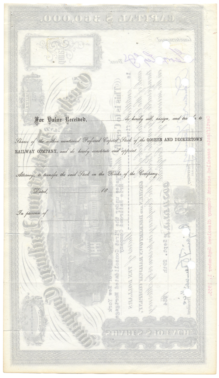 Goshen and Deckertown Railway Company Stock Certificate