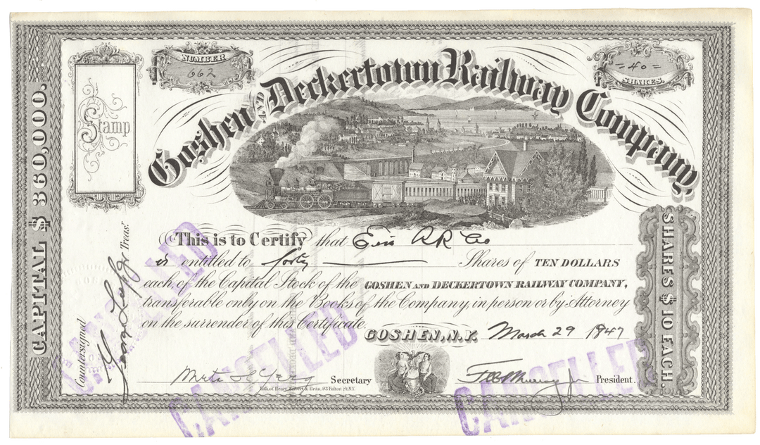 Goshen and Deckertown Railway Company Stock Certificate