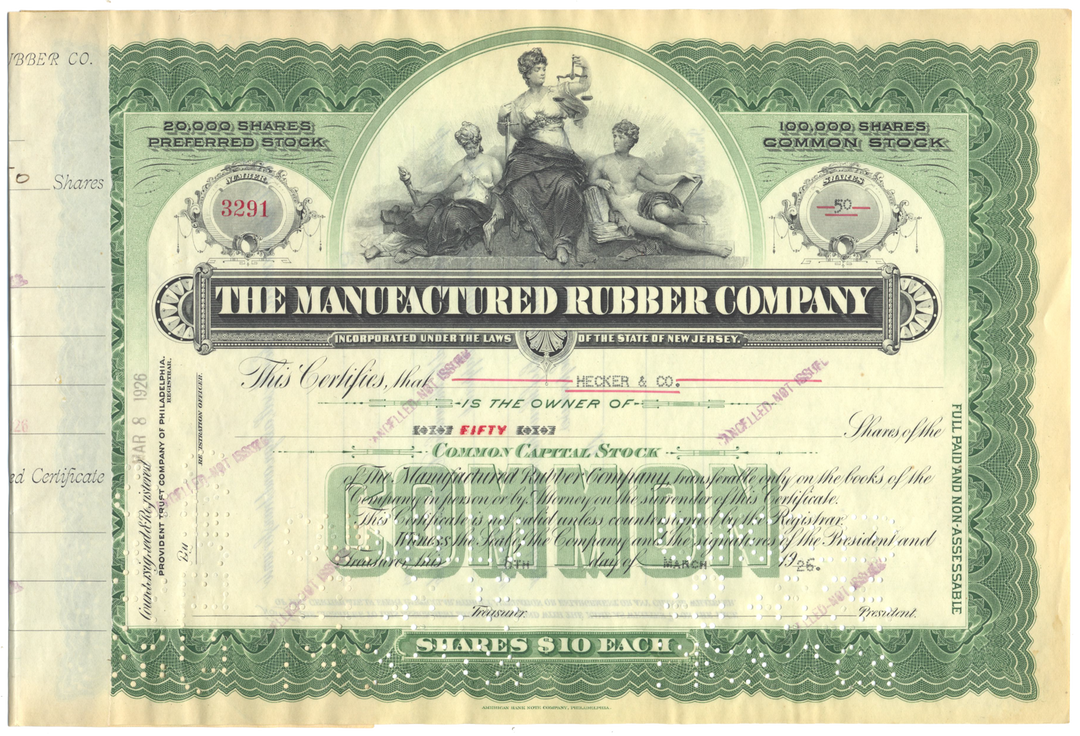 Manufactured Rubber Company Stock Certificate