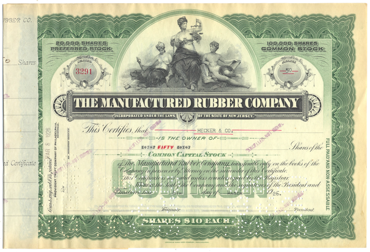 Manufactured Rubber Company Stock Certificate