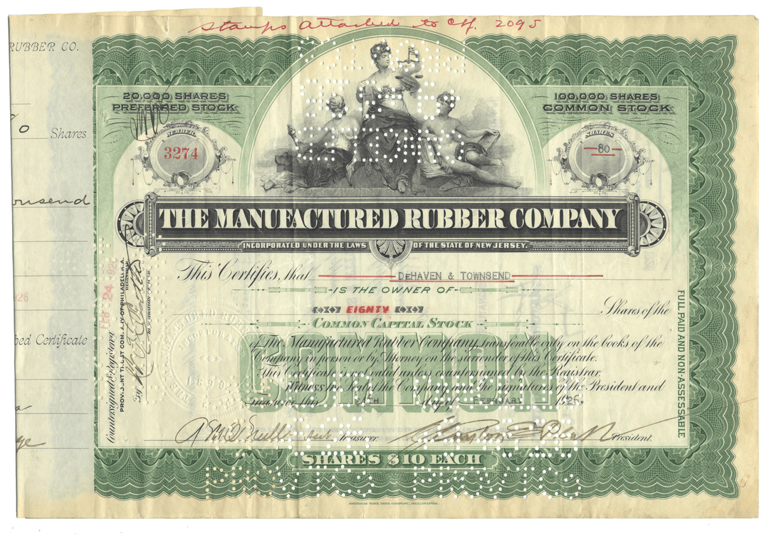 Vintage stock certificate for The Manufactured Rubber Company dated 1926