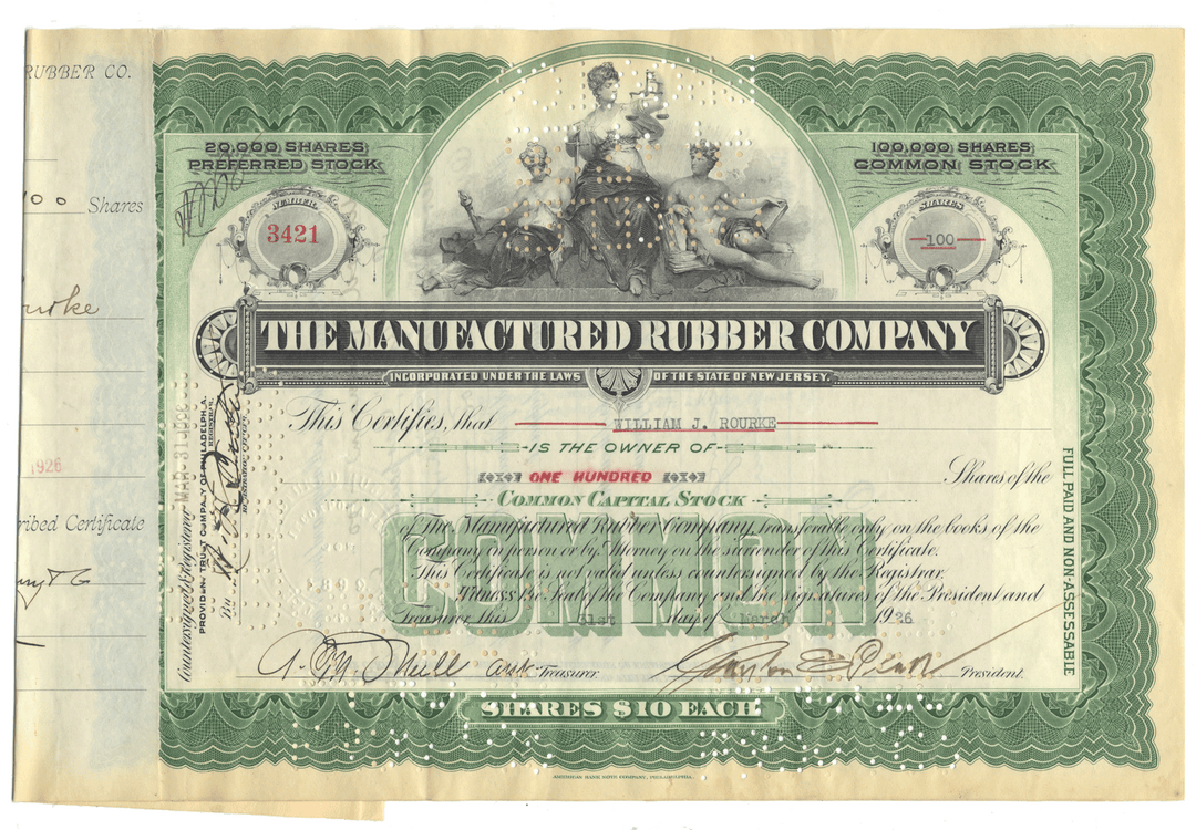 Vintage stock certificate of The Manufactured Rubber Company from 1926