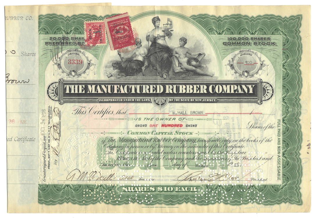 Vintage stock certificate of The Manufactured Rubber Company dated 1926