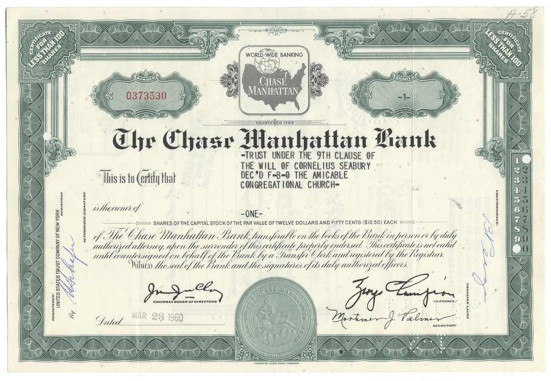 Chase Manhattan Bank stock certificate with decorative elements