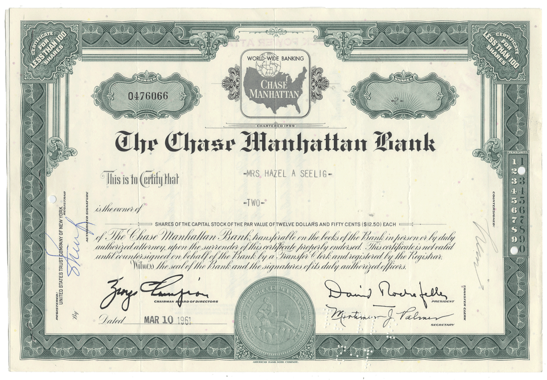 Chase Manhattan Bank stock certificate with decorative elements