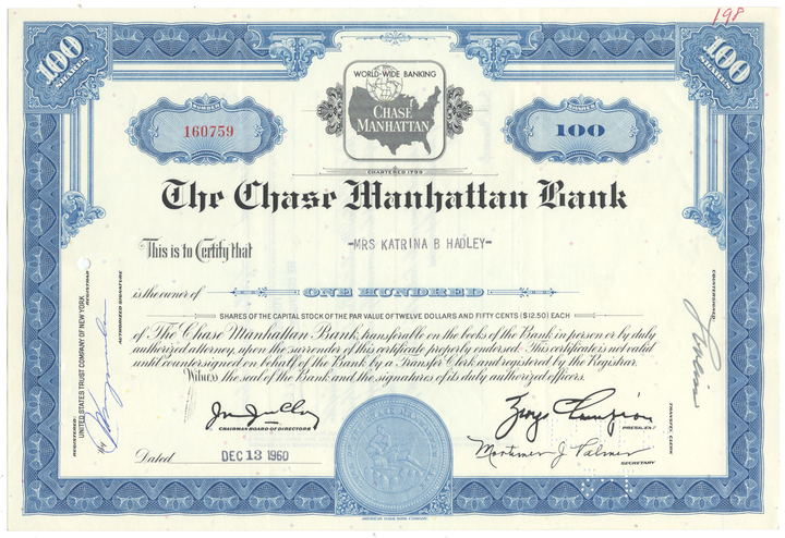 Chase Manhattan Bank Stock Certificate