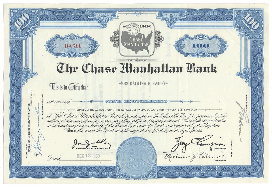 Chase Manhattan Bank stock certificate with blue and white design