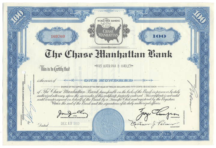 Chase Manhattan Bank stock certificate with blue and white design