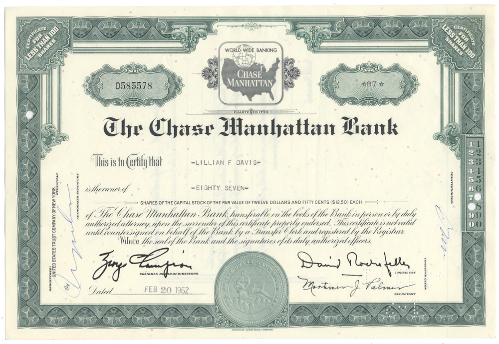 Chase Manhattan Bank Stock Certificate