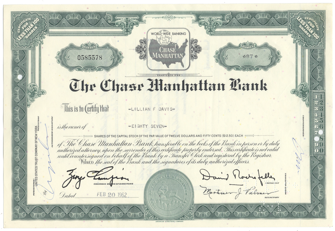 Chase Manhattan Bank Stock Certificate