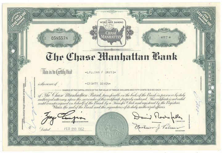 Chase Manhattan Bank Stock Certificate