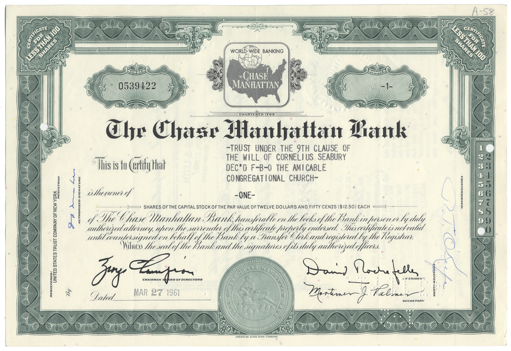 Vintage stock certificate from The Chase Manhattan Bank with decorative elements and text.
