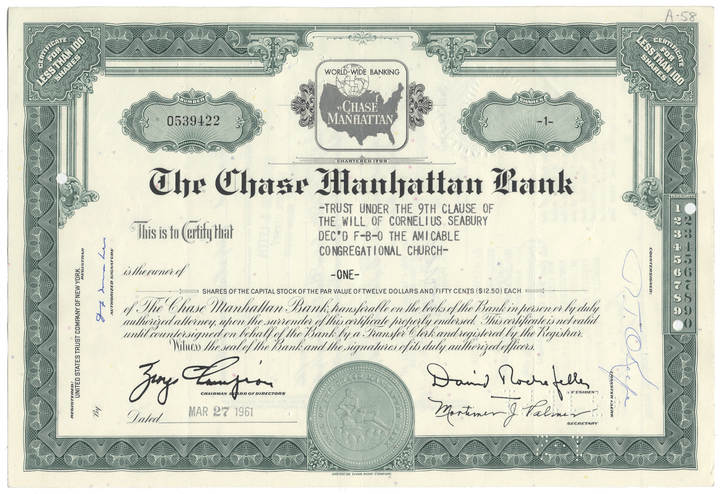 Vintage stock certificate from The Chase Manhattan Bank with decorative elements and text.