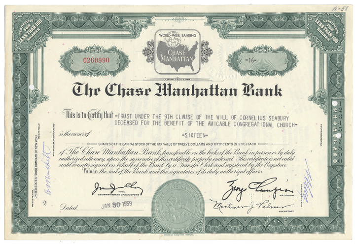 Chase Manhattan Bank Stock Certificate