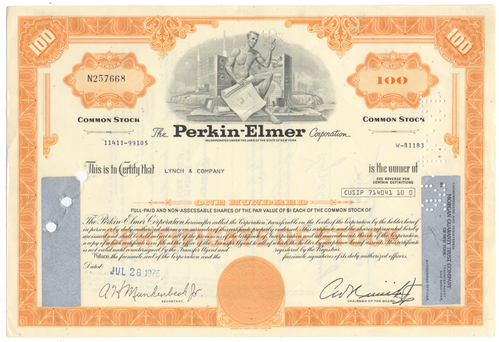 Perkin-Elmer Corporation Stock Certificate