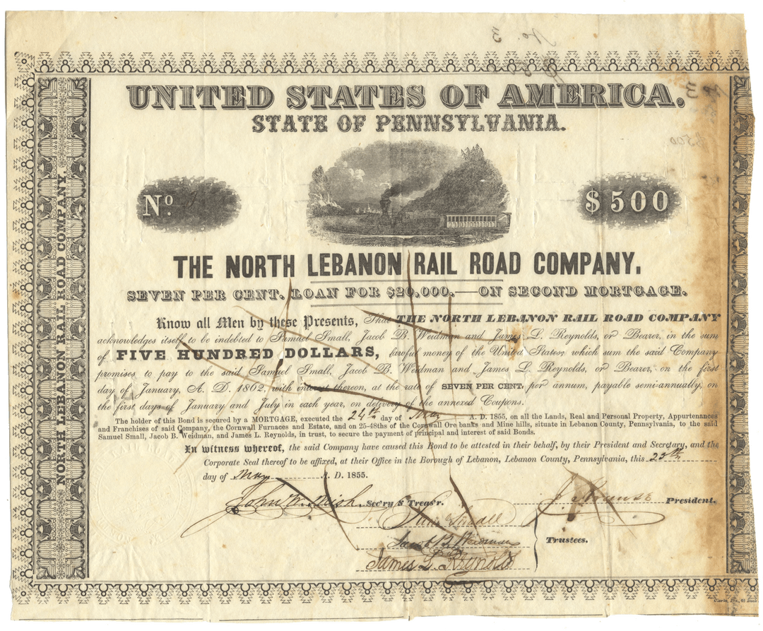 Old stock certificate from The North Lebanon Rail Road Company, United States of America, State of Pennsylvania.