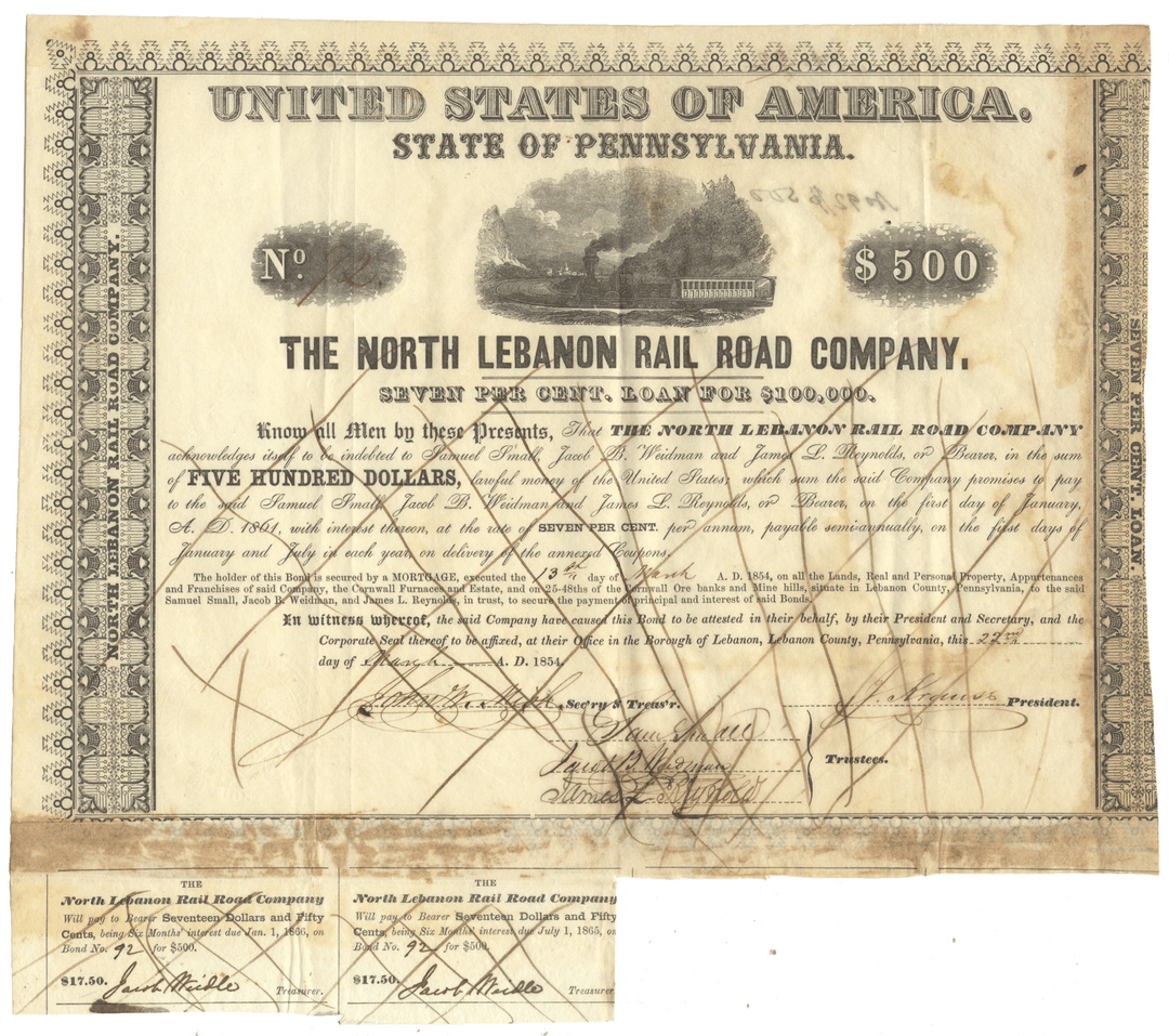 Historical bond certificate from The North Lebanon Rail Road Company from 1854