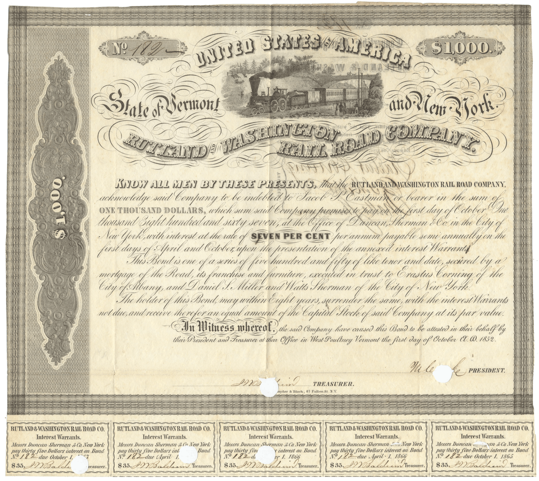 Rutland & Washington Rail Road Company Bond Certificate Signed by Erastus Corning