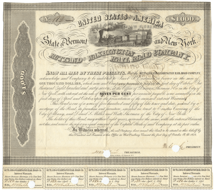 Rutland & Washington Rail Road Company Bond Certificate Signed by Erastus Corning
