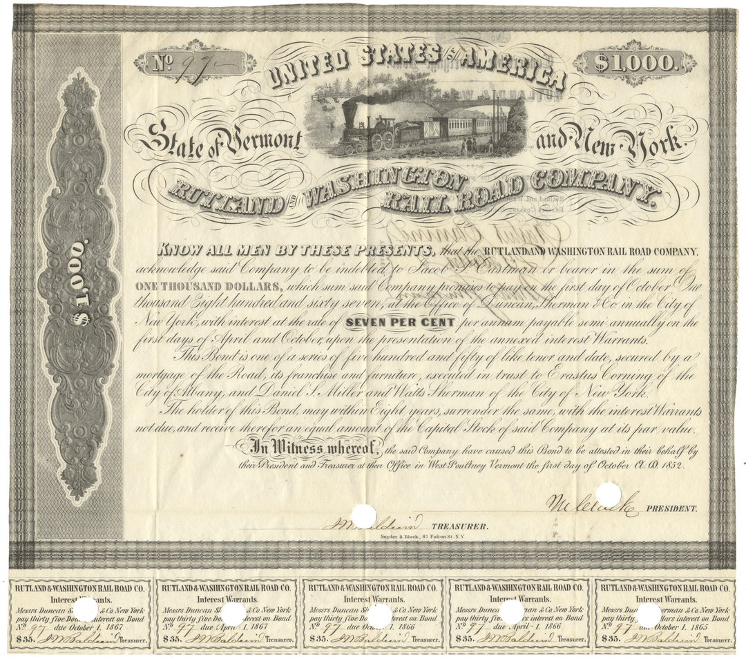 Rutland & Washington Rail Road Company Bond certificate Signed by Erastus Corning dating back to 1852
