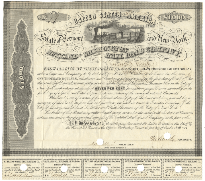 Rutland & Washington Rail Road Company Bond certificate Signed by Erastus Corning dating back to 1852