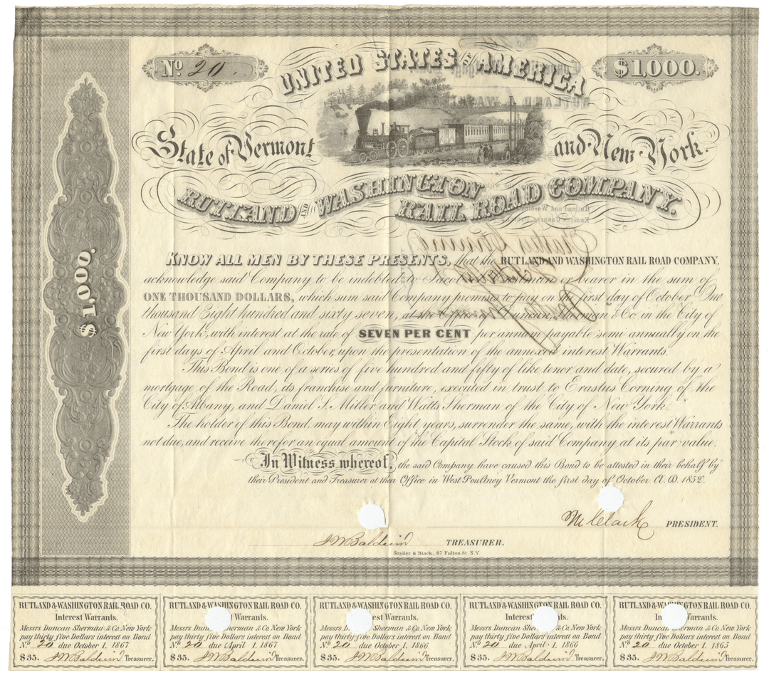 Rutland & Washington Rail Road Company bond certifcate signed by Erastus Corning dating back to 1852