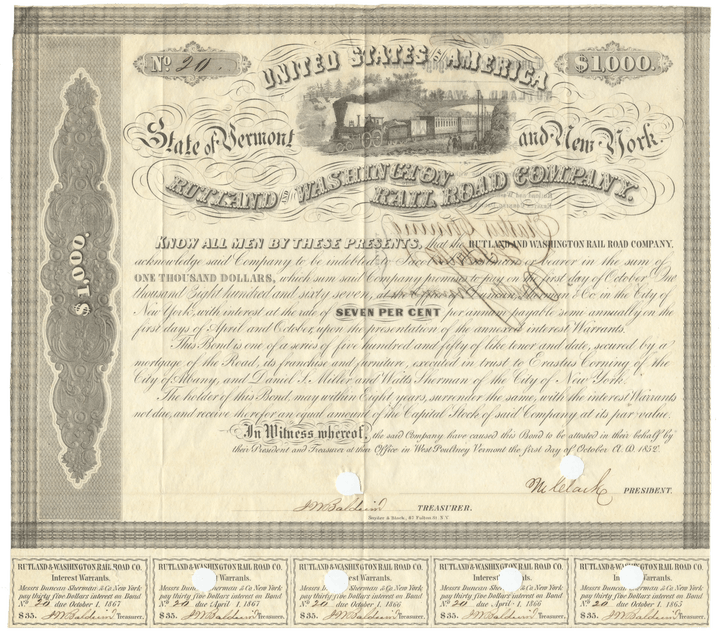 Rutland & Washington Rail Road Company bond certifcate signed by Erastus Corning dating back to 1852