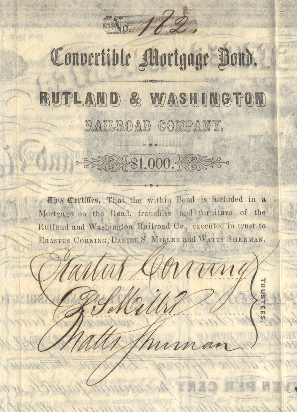 Rutland & Washington Rail Road Company Bond Certificate Signed by Erastus Corning