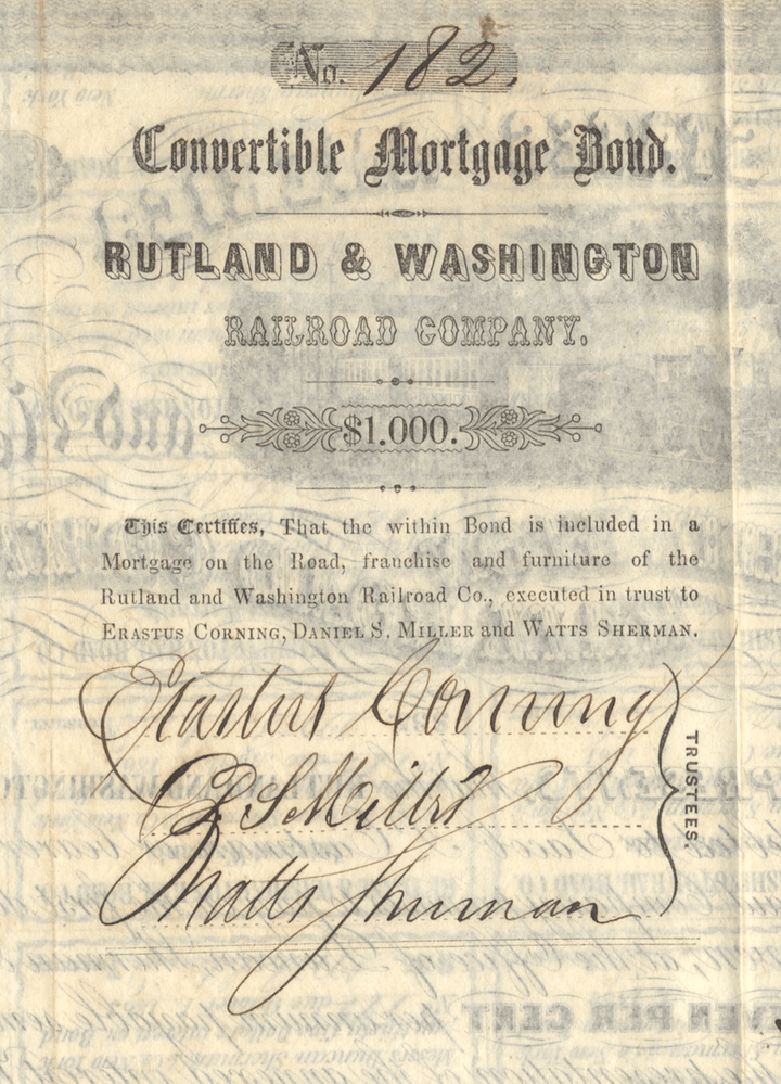 Rutland & Washington Rail Road Company Bond Certificate Signed by Erastus Corning
