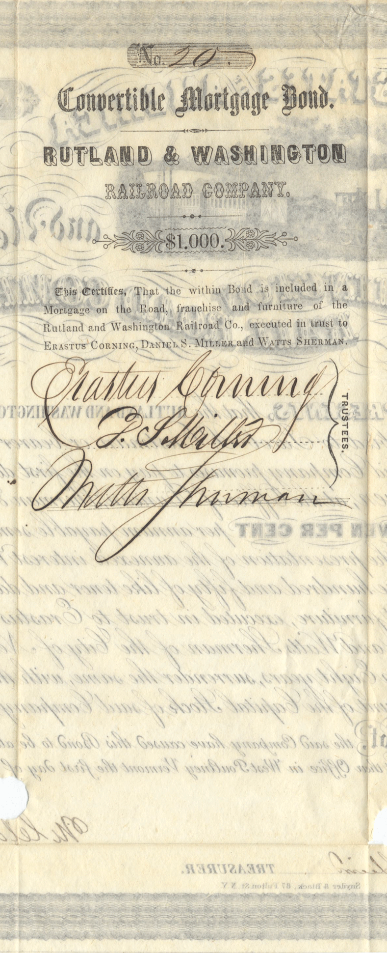 Rutland & Washington Rail Road Company bond certifcate signed by Erastus Corning dating back to 1852
